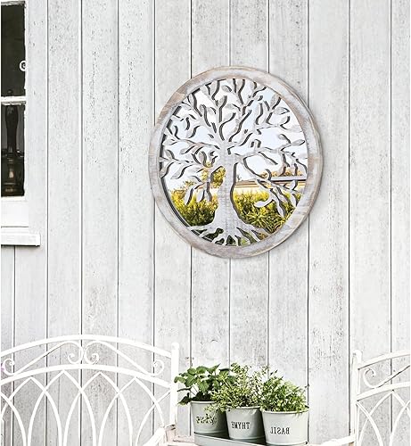 Miniatura 4 de Espejo de pared redondo rústico de granja, espejo colgante decorativo de árbol de la vida, espejos circulares de madera blanca para decoración de