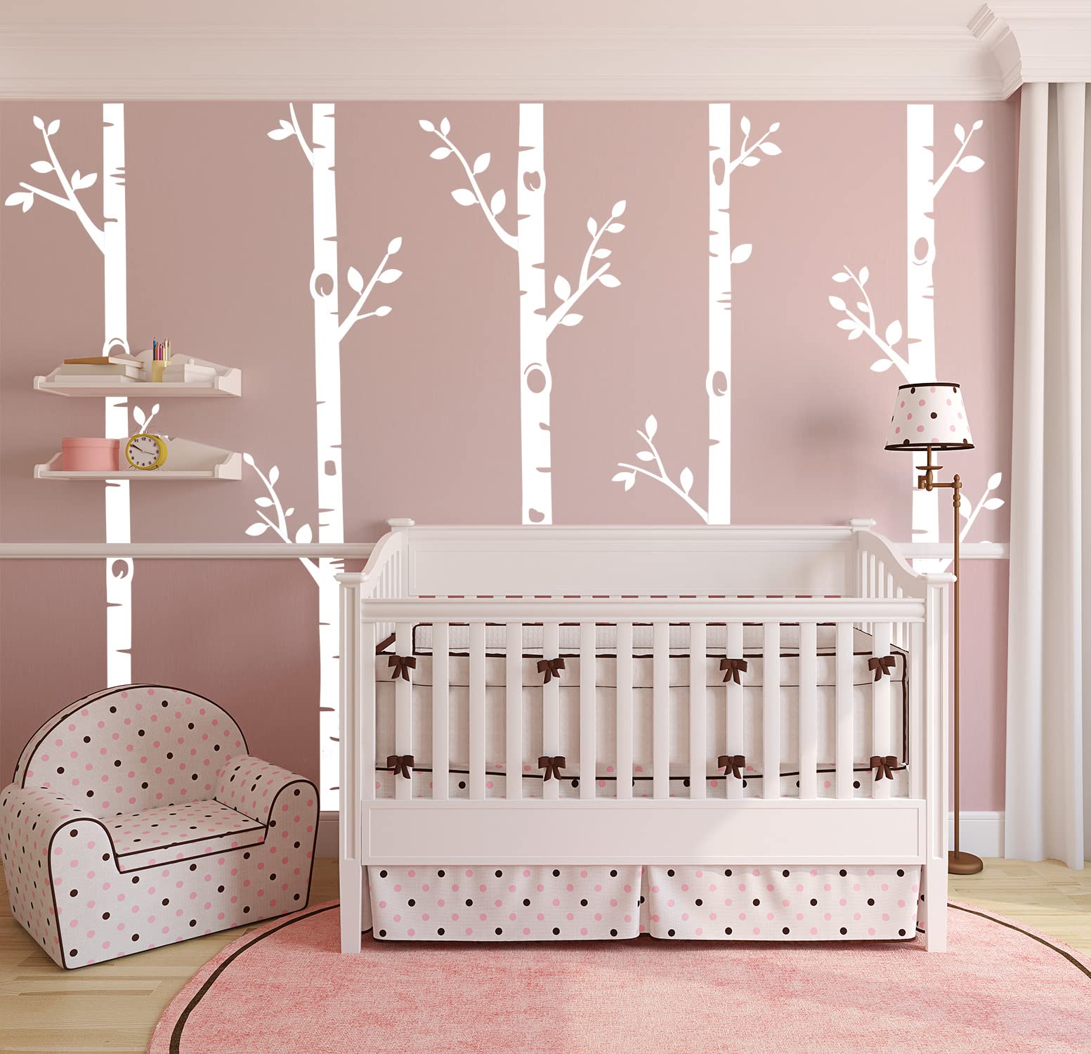 Adesivi da parete con albero gigante, 5 adesivi da parete con albero di betulla, per cameretta dei bambini, camera da letto, soggiorno (254 cm, bianco)