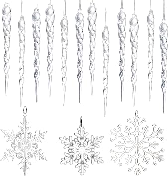 21 Pieces Acrylic Snowflake with Icicle Decorations, Clear Christmas Tree Ornaments, Sparkling Crystal Look Icicle Ornaments, Icicles 3 Types Snowflake for Christmas Tree, Party Hanging