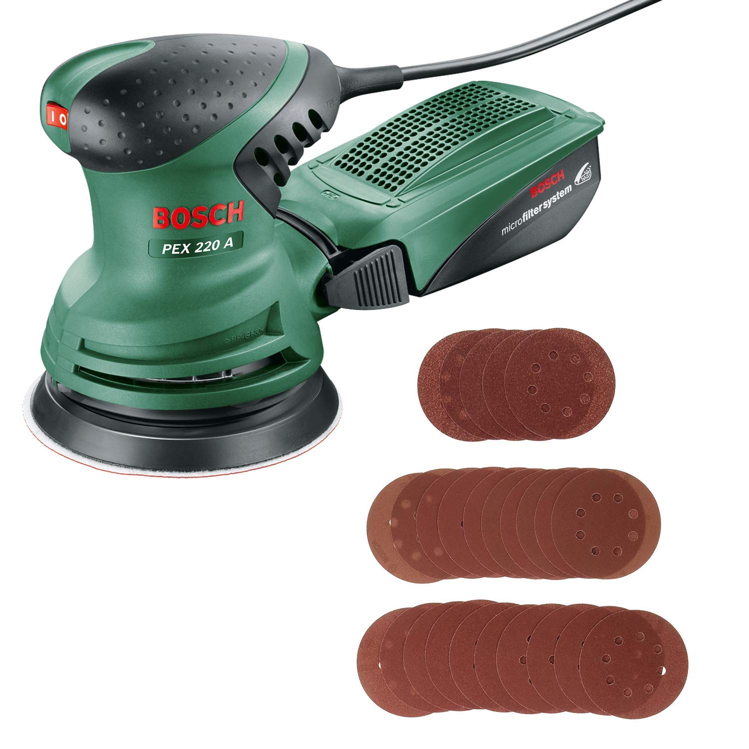 Bosch Ponceuse excentrique - PEX 220 A + Lot de feuilles abrasives (Grain 80, 120 et 240 - 125 mm, 25 pièces)