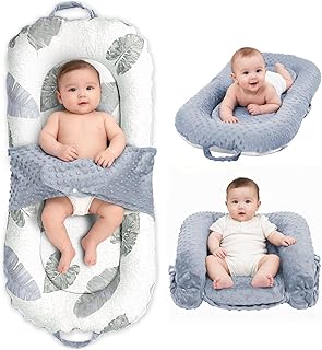 Baby Lounger, 3-in-1 Portable Infant Lounger for Newborns 0-24 Months, Foldable Tummy Time Pillow and Sitting Seat with Removable Cover, Dual-Sided 100% Cotton and Velvet, Ideal Baby Shower Gift