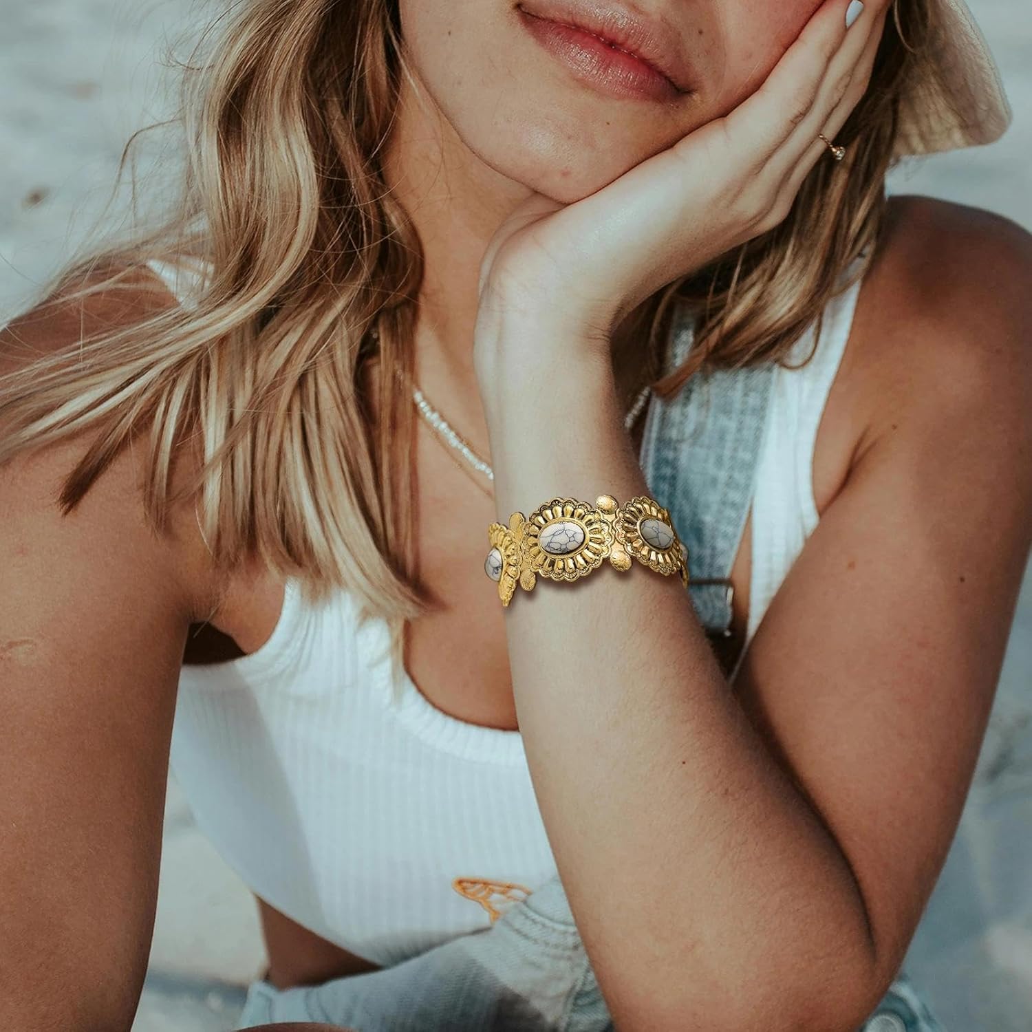 RechicGu Western Turquoise Color Cuff Bracelet for Women Adjustable Boho Bracelet Cowgirl Chic Vintage Concho Bangle Chunky Blue Turquoise Howlite Cuffs Country Concert Outfit Western Gift - Image 5