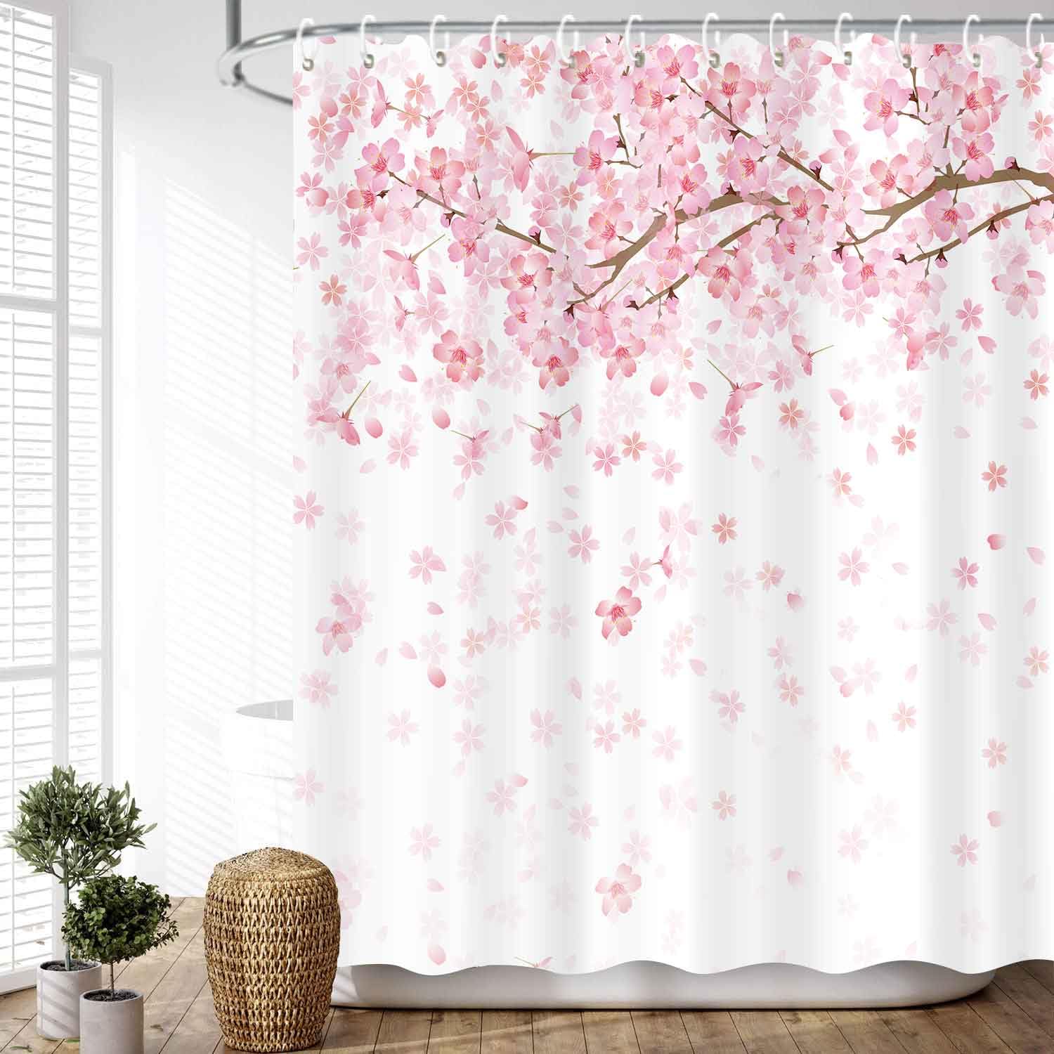 JAWO Floral Shower Curtain for Bathroom, Spring Flowers Cherry Blossom Cherry Blossom Shower Curtain Pink Falling Petals Janpenese Asian Style Polyester Fabric Bath Curtains Set with Hooks 72x72