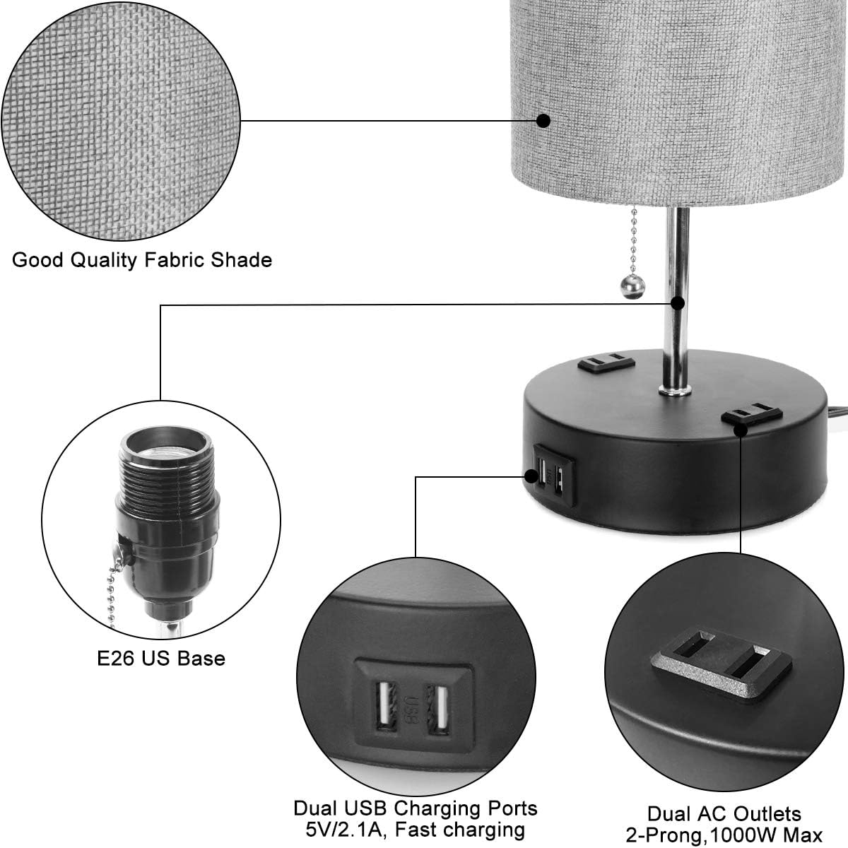 GABORI USB Bedside Table Lamps, Bedroom Lamp with 2 USB Charging Ports & Two AC Outlets, Pull Chain Switch Nightstand Lamp with Gray Cylinder Shade, Ambient Light for Bedroom Living Room Office (Grey)