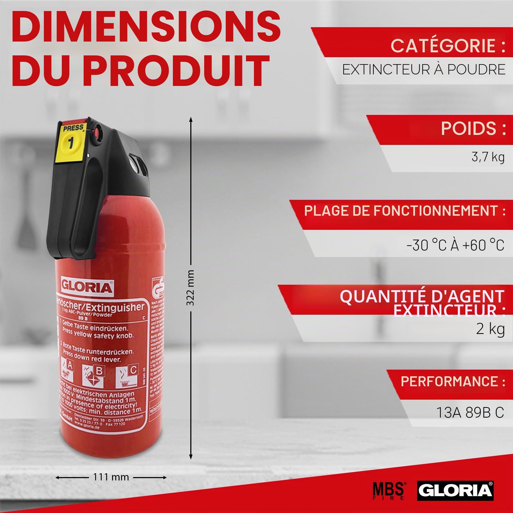 MBS FIRE Extincteur à poudre pour voiture P2 GM Rouge laqué Capacité d'extinction 2 kg Classe de feu A, B, C