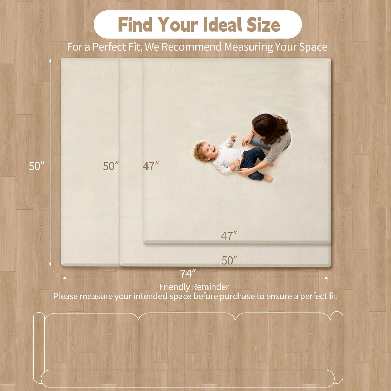 Velvet Baby Play Mat for Floor, 1.3" Thick Elasti-Foam 50"×50" Playpen Mat with Removable & Washable Velvet Cover for Toddler, Infant,Kids, Non-Slip Crawling Mat for Tummy Time (Beige)