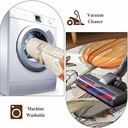 Miniatura 8 de 8ft Round Rug, Orange Flower Non-Skid Rubber Backing Large Area Rugs - Living Room Bedroom Home Office, Watercolor Retro Tulip Floral Butterfly