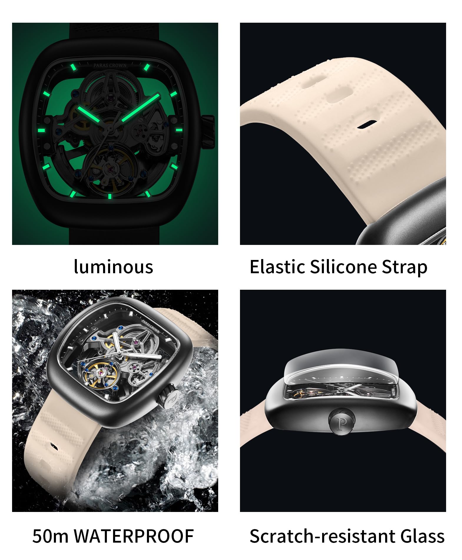 Paras Crown Uhren Herren Automatikuhr mit Automatikwerk – Uhr für Herren, Silikonarmband, 5ATM wasserdicht & Leuchtzeiger Armband Uhr