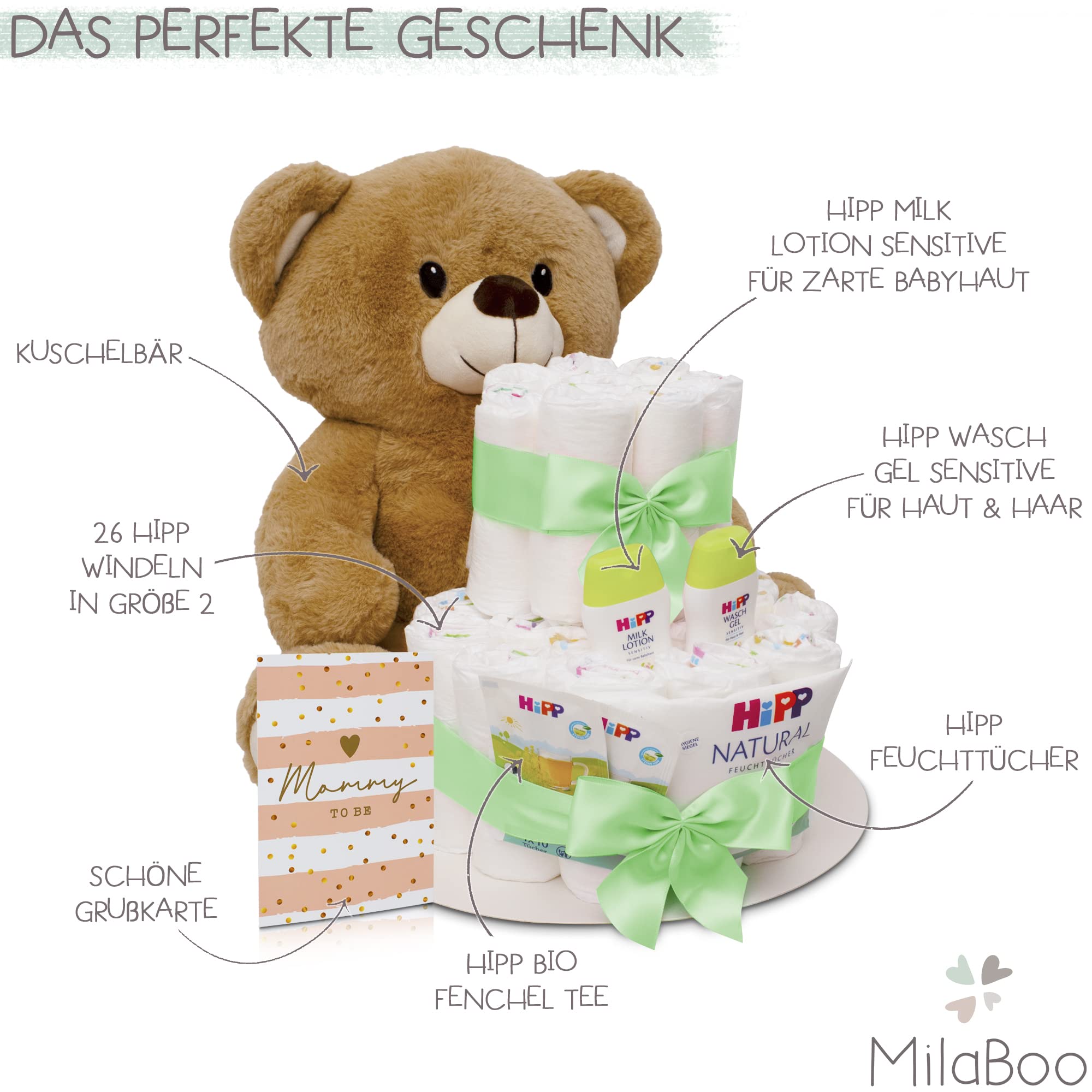 MilaBoo Tarta de pañales rosa para niña con oso de peluche grande I Regalo para recién nacidos con pañales y productos de Hipp I Regalo personal para el nacimiento