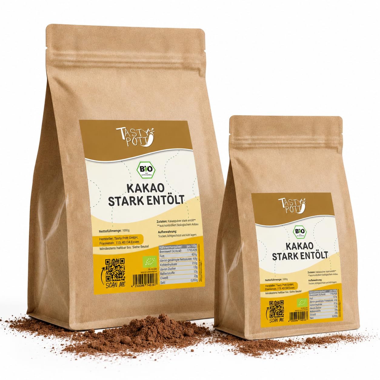 Tasty Pott Bio Kakao, STARK entölt I Kakaopulver I Cacao I Zum Backen I Für Müsli und Porridge I Desserts Kochen I Vegane Ernärhung I Im Beutel 1000g (2x1000g)