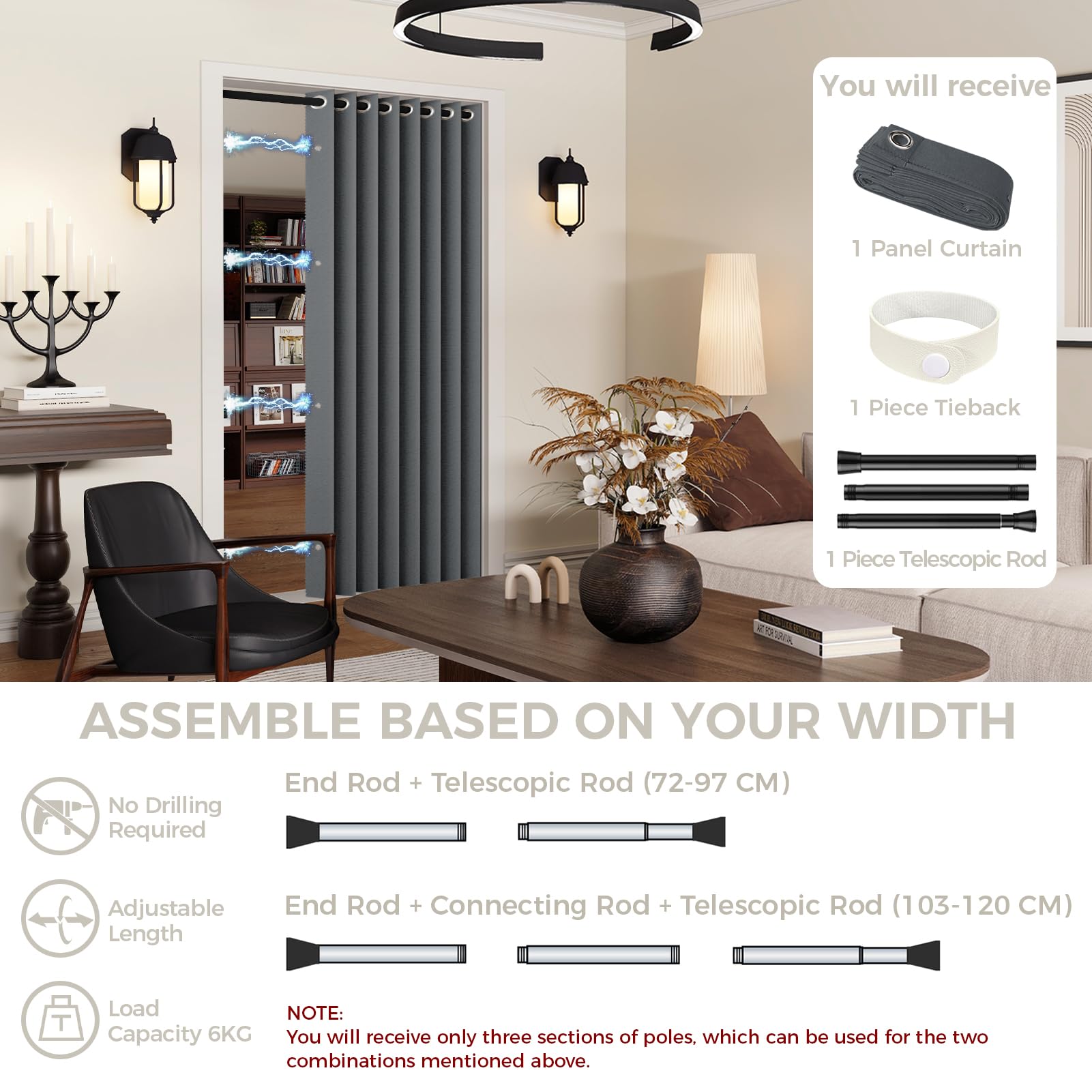 Cortina de Puerta Magnética Opaca - Incluye Barra Telescópica Ajustable Cocina, como Cortina Separadora de Habitaciones, Cortina para Armario sin Puertas y Dormitorio, Gris