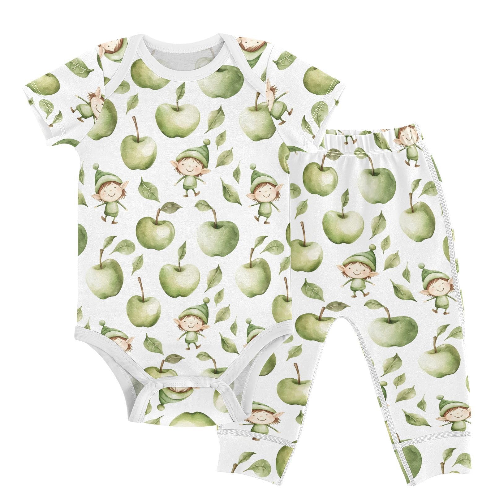 vvfelixl Cartoon Cute Green Apple Elf Baby Layette Sets,Baby Bodysuits Set Unisex Short Sleeve Babys Pants Sets 9-12M