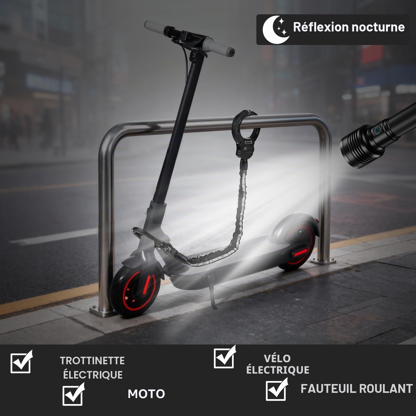 GuKKK Antivol Trotinette Electrique, 92CM Long Cadenas Trotinette Electrique, Cadenas Velo 8mm Ultra Résistant,1.5KG Robuste Chaînes Antivol pour Scooter Electriques, avec Clés et 3L Sac Etanche