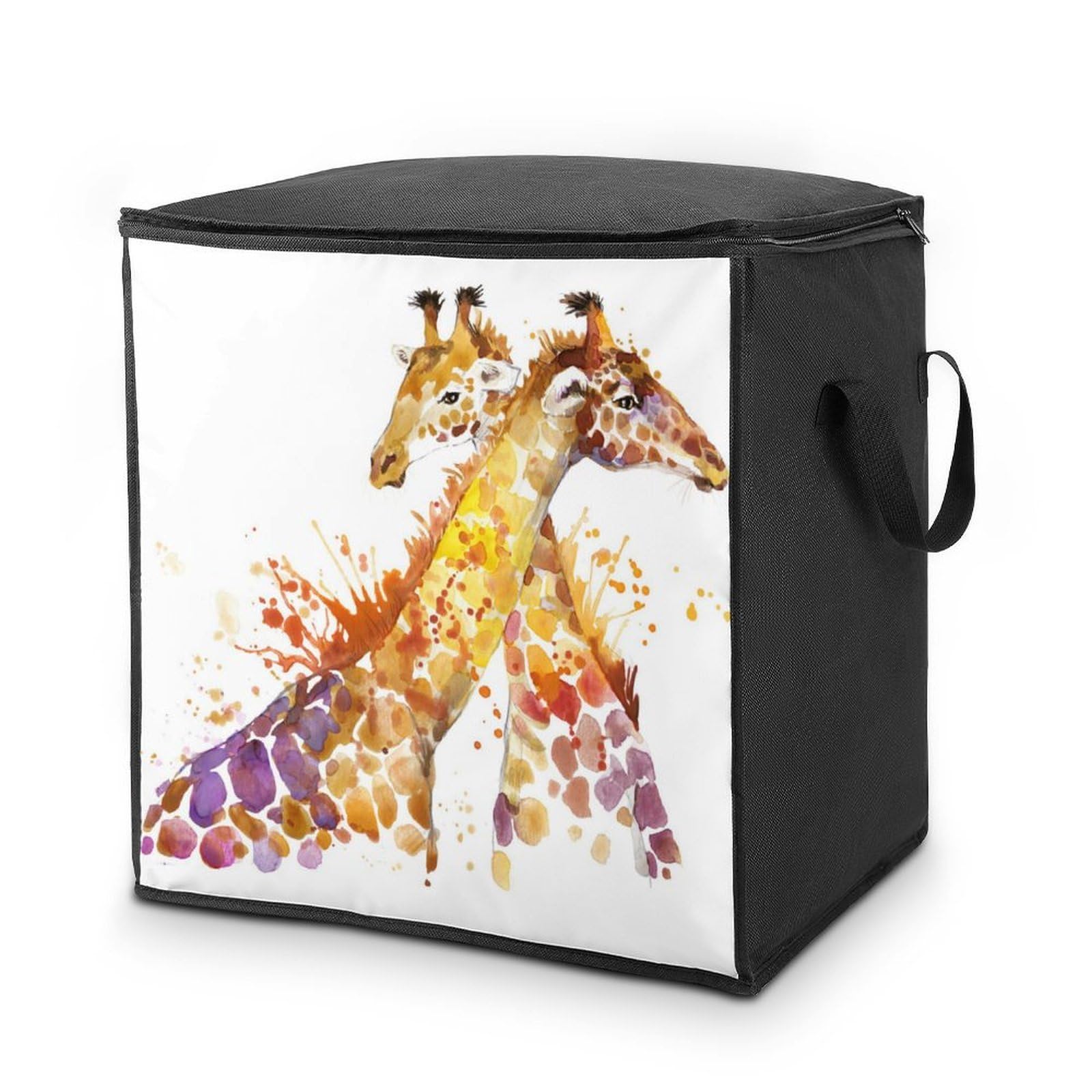 Lyfthologen 70L Storage Bags, Watercolor Giraffes Storage Box with Lid Zipper And Handles, Clothes Bags for Quilt, Blankets, Bedding