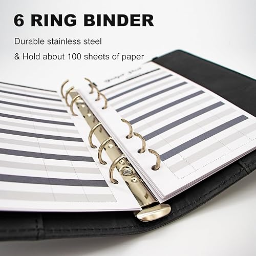 Miniatura 18 de Carpeta A5 recargable de piel sintética con 6 anillas, cubierta para cuaderno pequeño para papel de relleno A5, cubierta de planificador personal