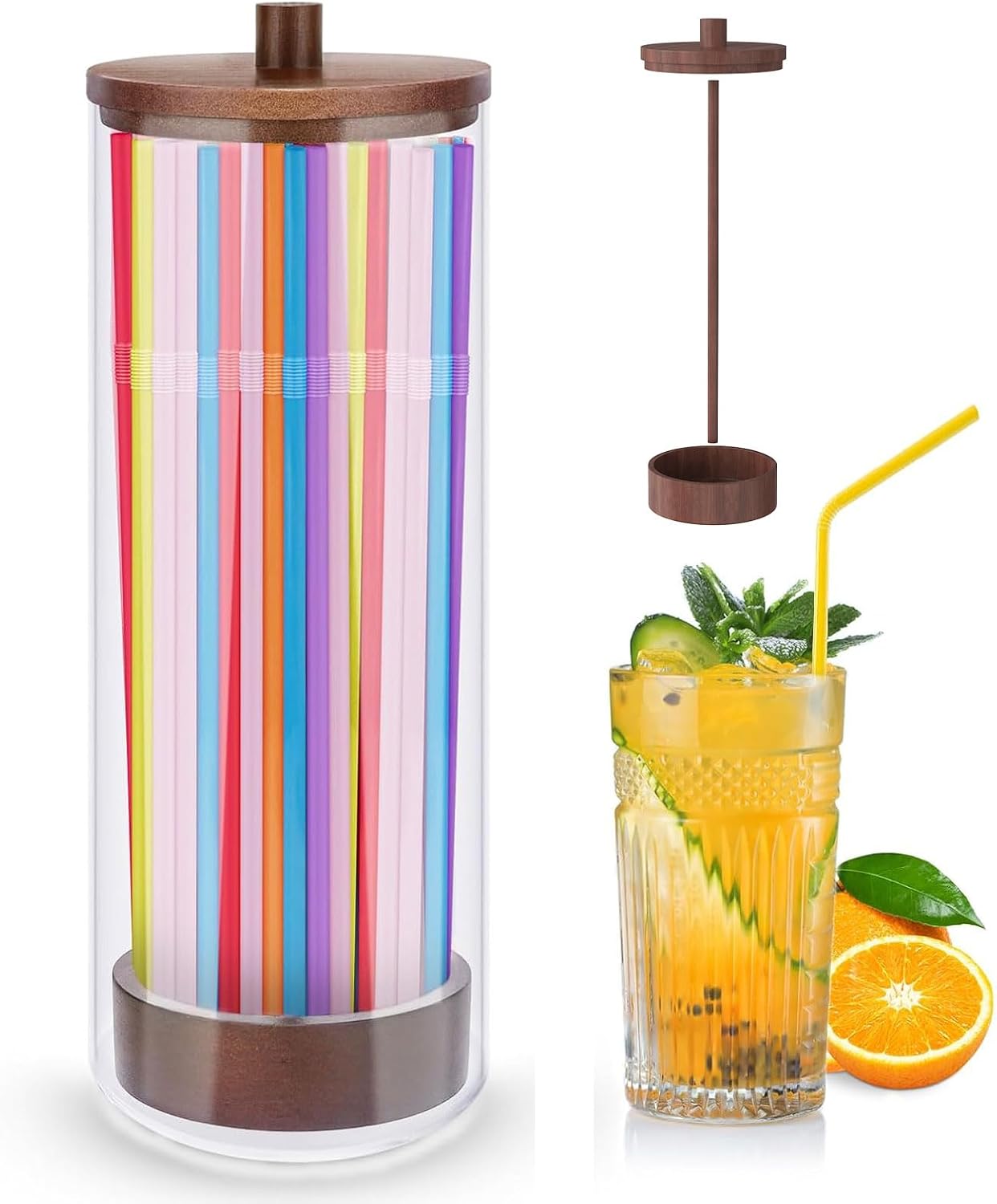 JYPS 10-Inch Acrylic Straw Dispenser with Bamboo Lid with 100 Colorful Straws,Transparent Counter Container Countertop Organizer for Kitchen,Office,Cabinet Storage, Holds Pencils, Cutlery(Dark brown)