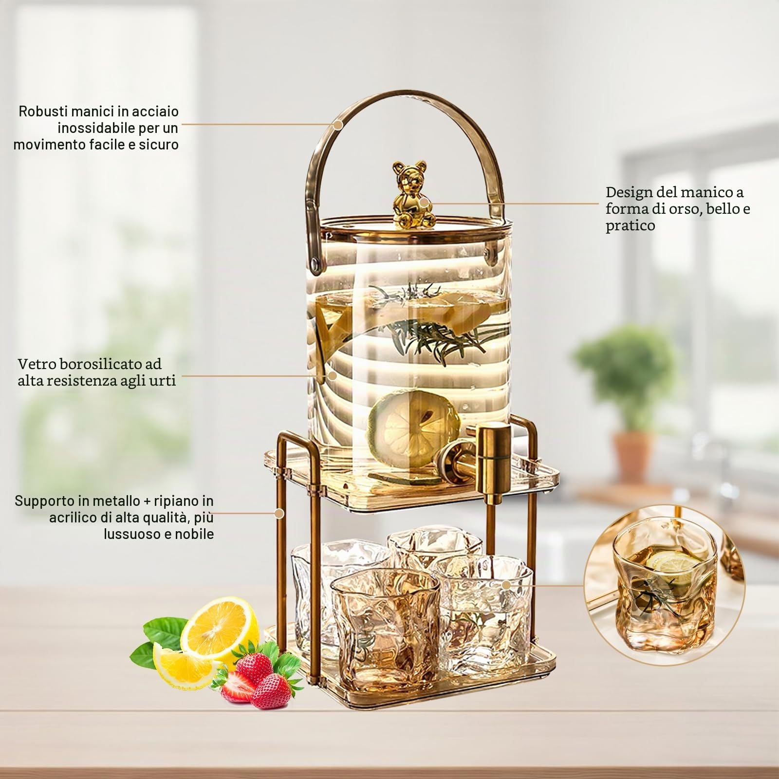 Dispenser per bevande in vetro, con rubinetto in acciaio inox e supporto, per bevande fredde con 4 bicchieri di bibite per feste (3000 ml)