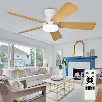 Depuley Modern Ceiling Fan with Light 42-Inch White Small Fans for Bedroom Indoor Outdoor - Dimmable Low Profile Ceiling Fans with Remote Control Flush Mount 5 Reversible Wood Blades 6 Speeds Timer