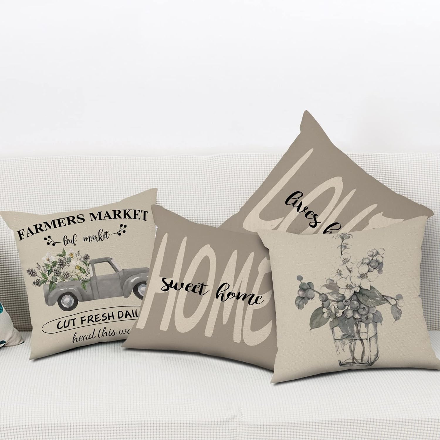 Yeele 18x18inches Farmhouse Floral Throw Pillow Covers Set of 4 Love Home Quotes Vintage Truck Flower Pillow Cases Home Decorative Linen Cushion Case for Couch Sofa Patio Car Sweet Hosewarming Gifts