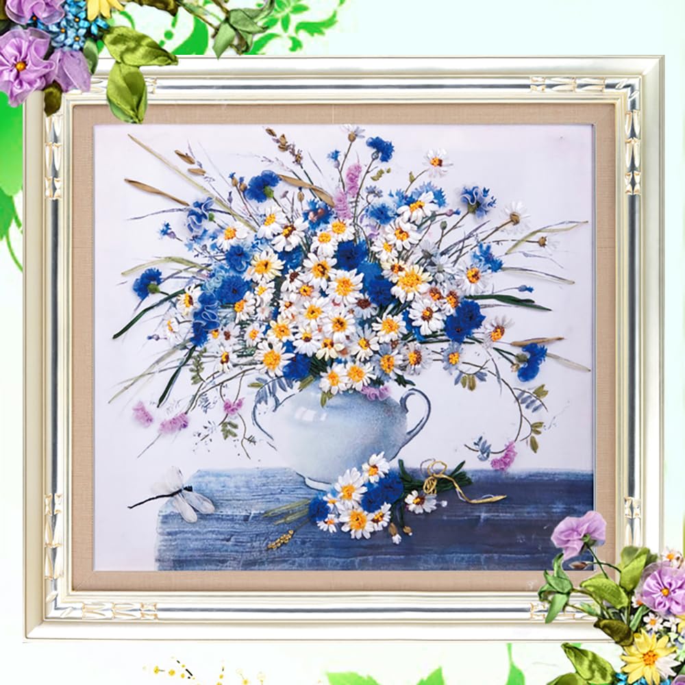 Egoshop Needle Work Ribbon Embroidery Little Daisy Kit DIY Wall Decor Stamp Canvas 3D Painting Not Include Frame (Little Daisy)