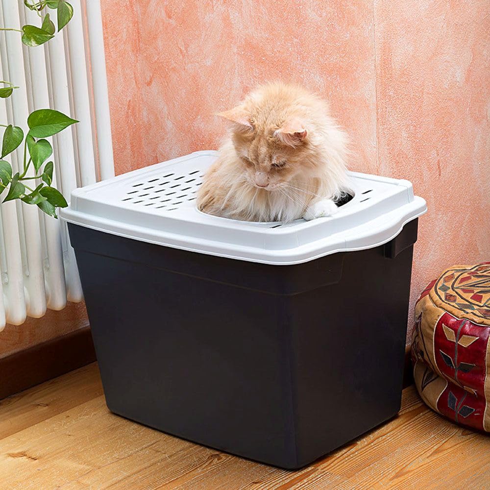 Ferplast Arenero Gatos Cubierto, Arenero Gato, con Entrada Superior, Tapa Perforada, 38,8 x 57,5 x h 39 cm, Caja de Arena para Gatos Grande Jumpy, Negro