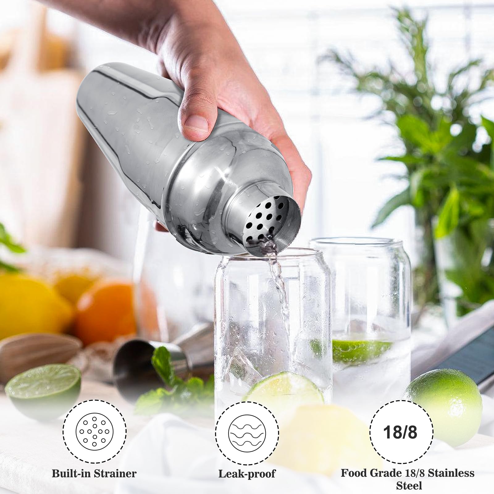 BARsics Shaker per cocktail da bar in acciaio inox da 680,4 g, misurino da 28,3 g/56,7 g e cucchiaio da 20,3 cm