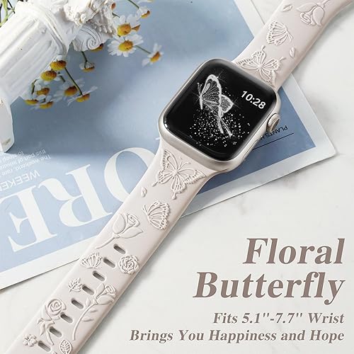 Miniatura 3 de Melyis Correa deportiva de silicona suave grabada con diseño floral y mariposa compatible con Apple Watch de 1.575 pulgadas, 1.614 pulgadas, 1.496