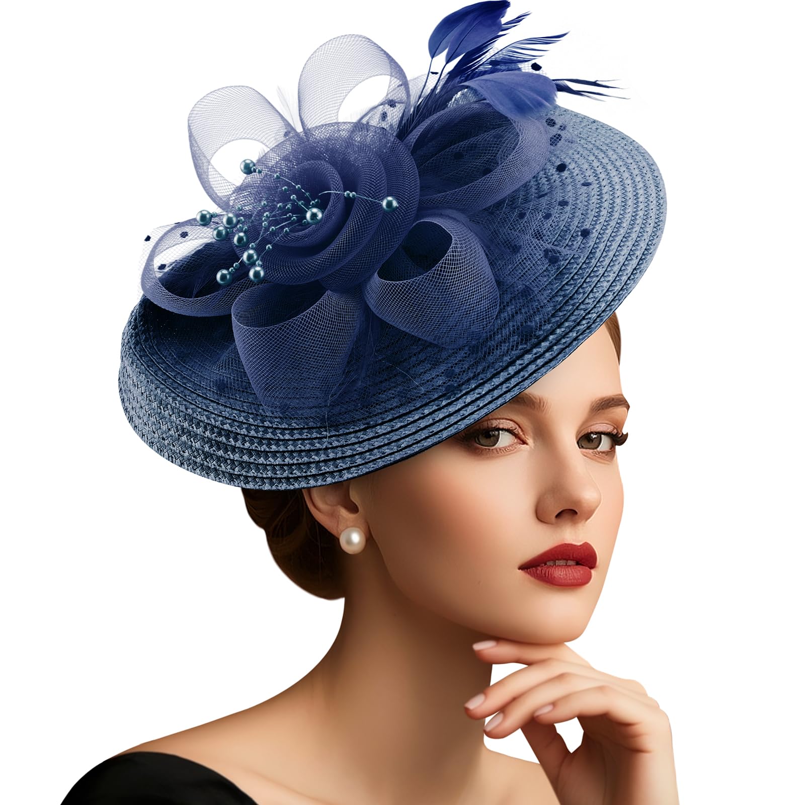 DRESHOW Fascinators Hat Flower Mesh Feathers Hat with Headband Clip 7.9" Tea Party Headwear for Women