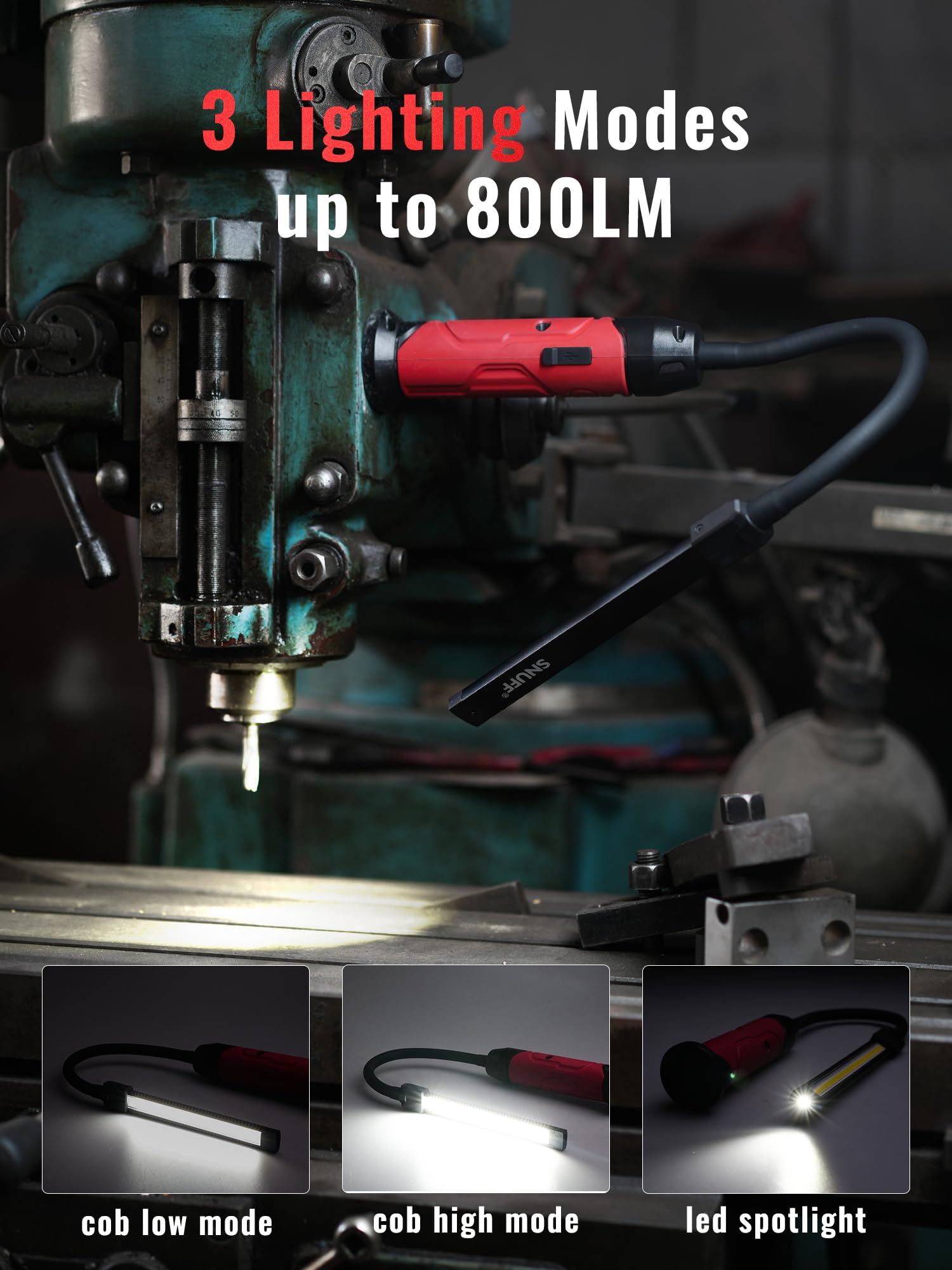 Wiederaufladbare Arbeitsleuchte Magnetisch, 800LM LED Arbeitsleuchte mit flexiblem Schwanenhals, 3 Modi Mechaniker Licht für Werkbank, Auto-Reparatur, Drehmaschine, Geschenk für Männer