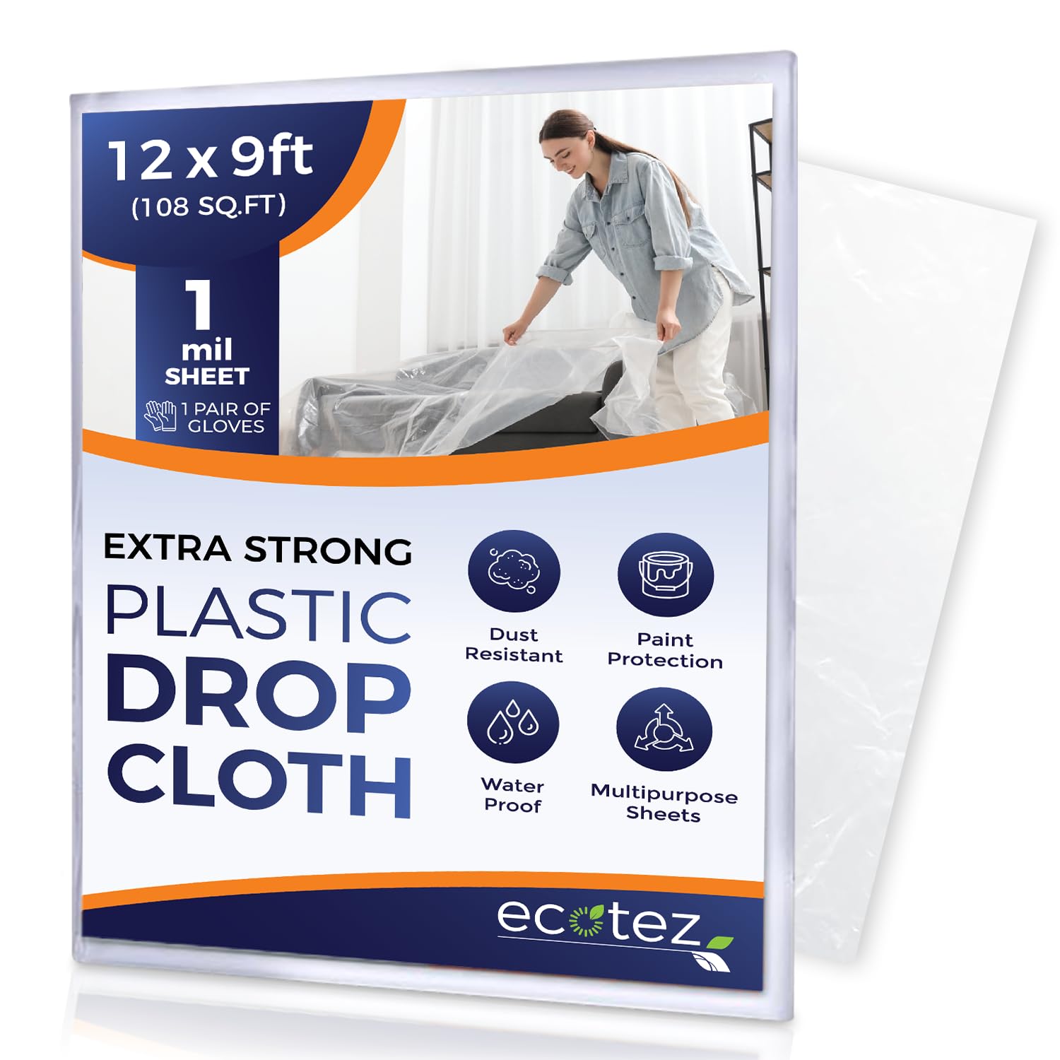 1 Pack 12 x 9 ft Extra Large Painter's Drop Cloth - Light & Durable Dust Cover - Clear Plastic Sheet - Paint Drop Cloth - Plastic Floor Protector