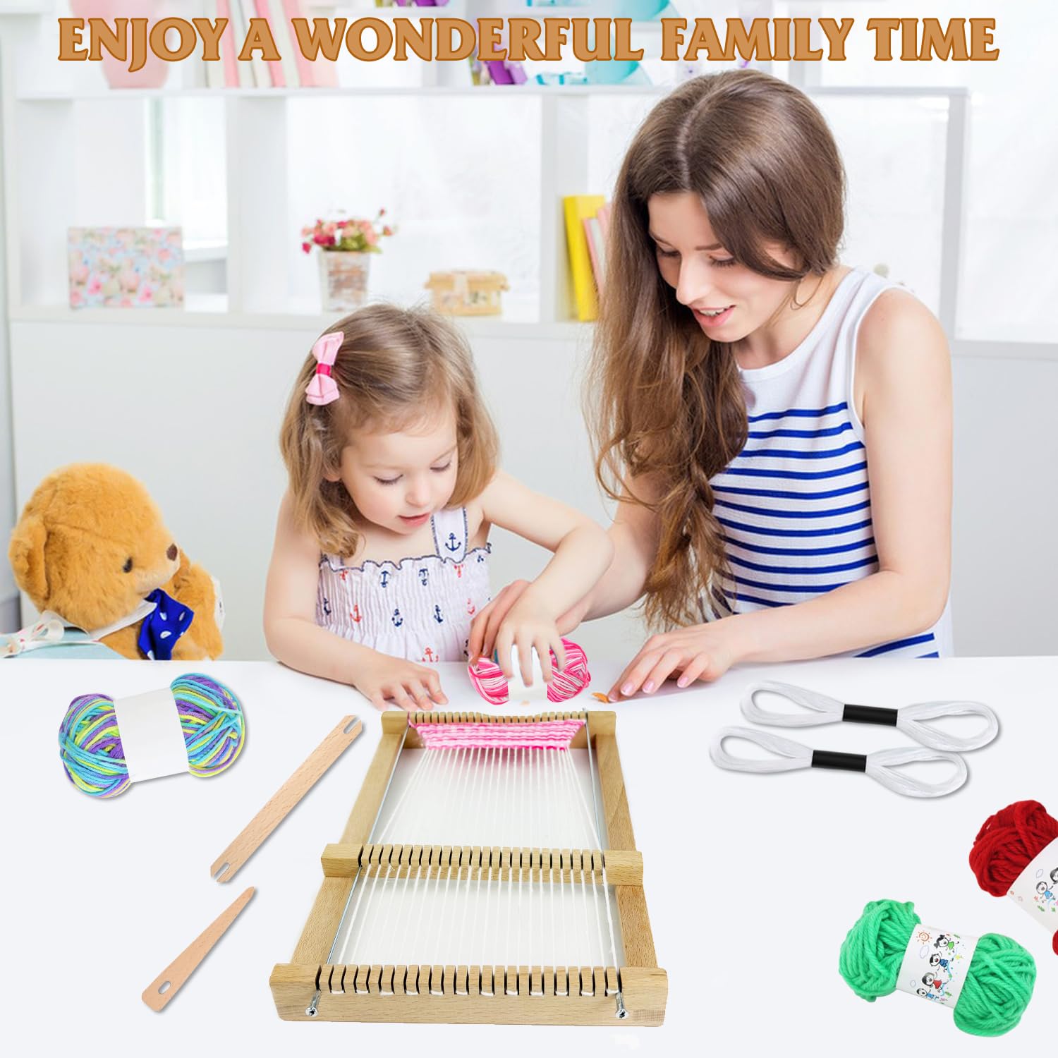 Qcdou Telaio per Bambini, Telaio per Tessitura in Legno Set, con Lana Colorata, Bastoncino per Tessitura, Pettine, Ago per Tessitura in Legno, 19 x 29 cm Cornice per Maglia, per Bambini Principianti