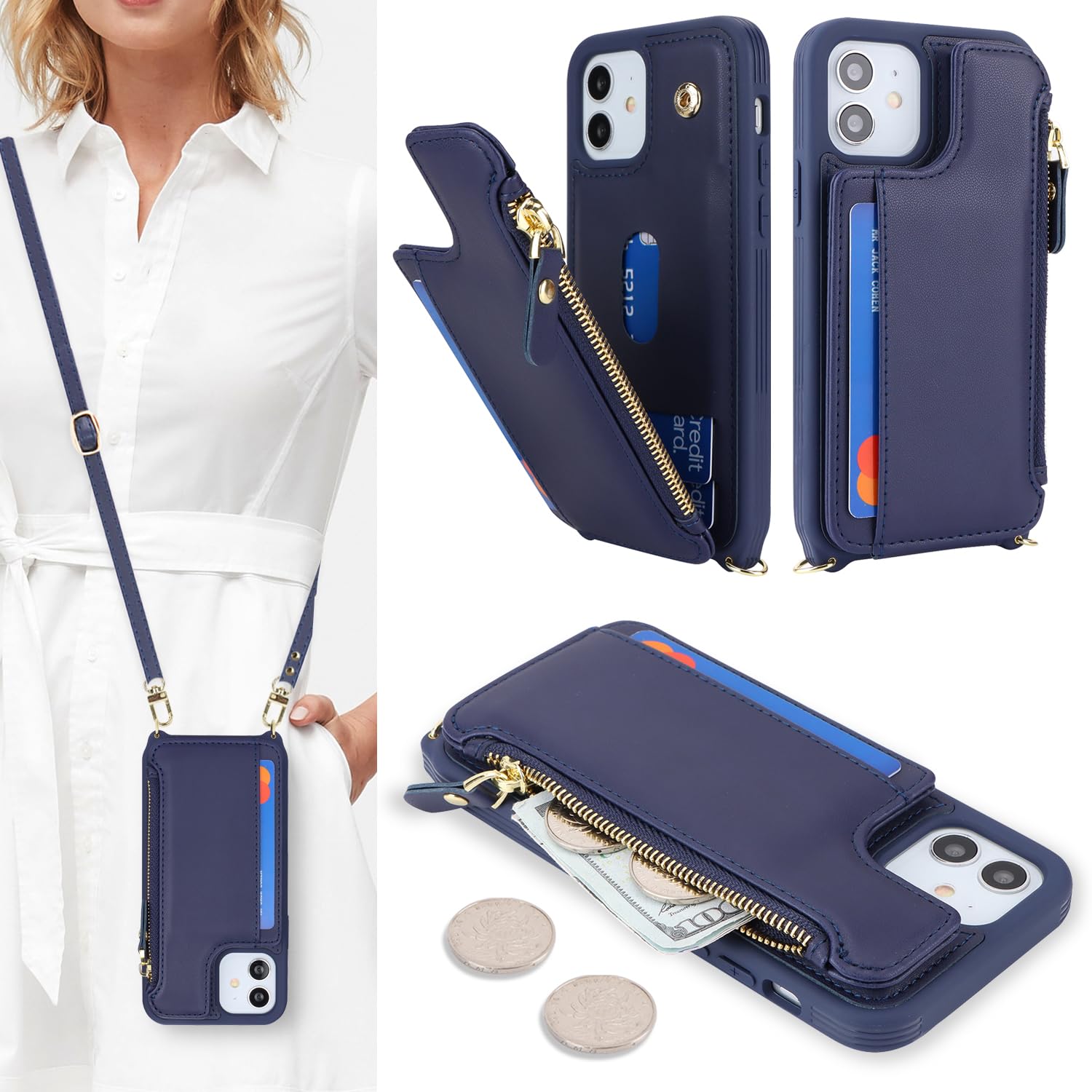 Cavor for iPhone 12 Case Wallet with Card Holder,for iPhone 12 Wallet Case for Women,for iPhone 12 Pro Case with Strap,Crossbody Lanyard and Wristlet,Leather Zipper Pocket Phone Case-Blue