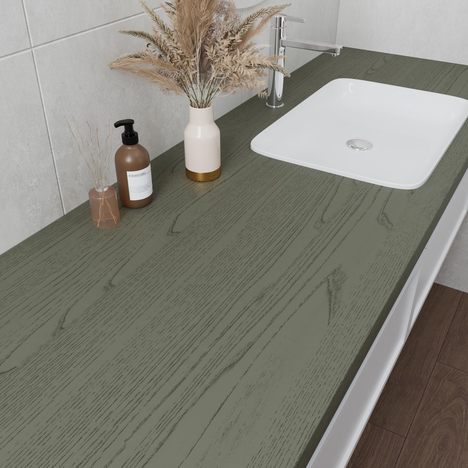 VaryPaper Greyish Green Wood Effect Vinyl Self Adhesive Wallpaper 40cmx200cm Dark Green Sticky Back Plastic Thick Wood Vinyl Wrap for Furniture Cupboards Kitchen Worktop Covering Adhesive Shelf Liner