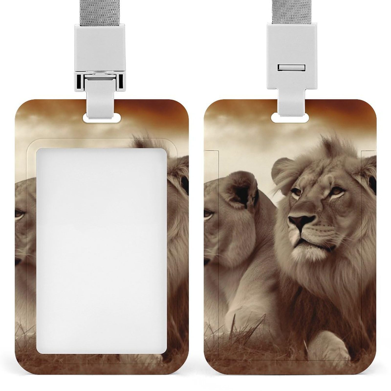 ID Card Holders for Lanyard,African Lion and Lioness Printed Badge Holder with Clear Window,Plastic Vertical Bus Pass Holders for Work Teacher Nurse Employees Proximity Key Cards Women Men — image 1