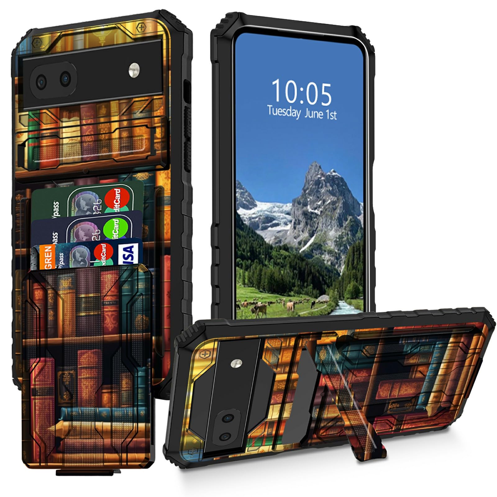 Vintage Bookshelf Wallet Case for Google Pixle 6A with Detachable Credit Card Slot & Kick…
