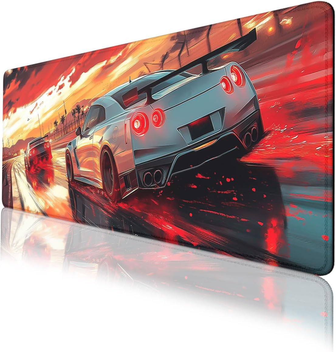 Sports Car Mouse Pad Racing Drift Sunset Speed Mousepad Extended Large Laptop Keyboard Non-Slip Rubber Base with Stitched Edges for Home 31.5x11.8 Inch
