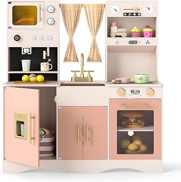 Costzon Kids Kitchen Playset, Wooden Pretend Play Kitchen with Ice Maker, Coffee Maker, Microwave, Oven, Stoves, Kids Kitchen Set w/Curtains, Toy Kitchen for Toddler Ages 3+ Pink