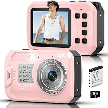 4K Underwater Camera, 64MP 16FT Compact Waterproof Camera with 16GB Card | Floatable Digital Camera, 16X Digital Zoom, Auto Focus, Fill Light, 650mAh Battery, Ideal for Travel, Surfing, Swimming