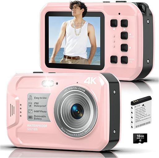 4K Underwater Camera, 64MP 16FT Compact Waterproof Camera with 16GB Card | Floatable Digital Camera, 16X Digital Zoom, Auto Focus, Fill Light, 650mAh Battery, Ideal for Travel, Surfing, Swimming