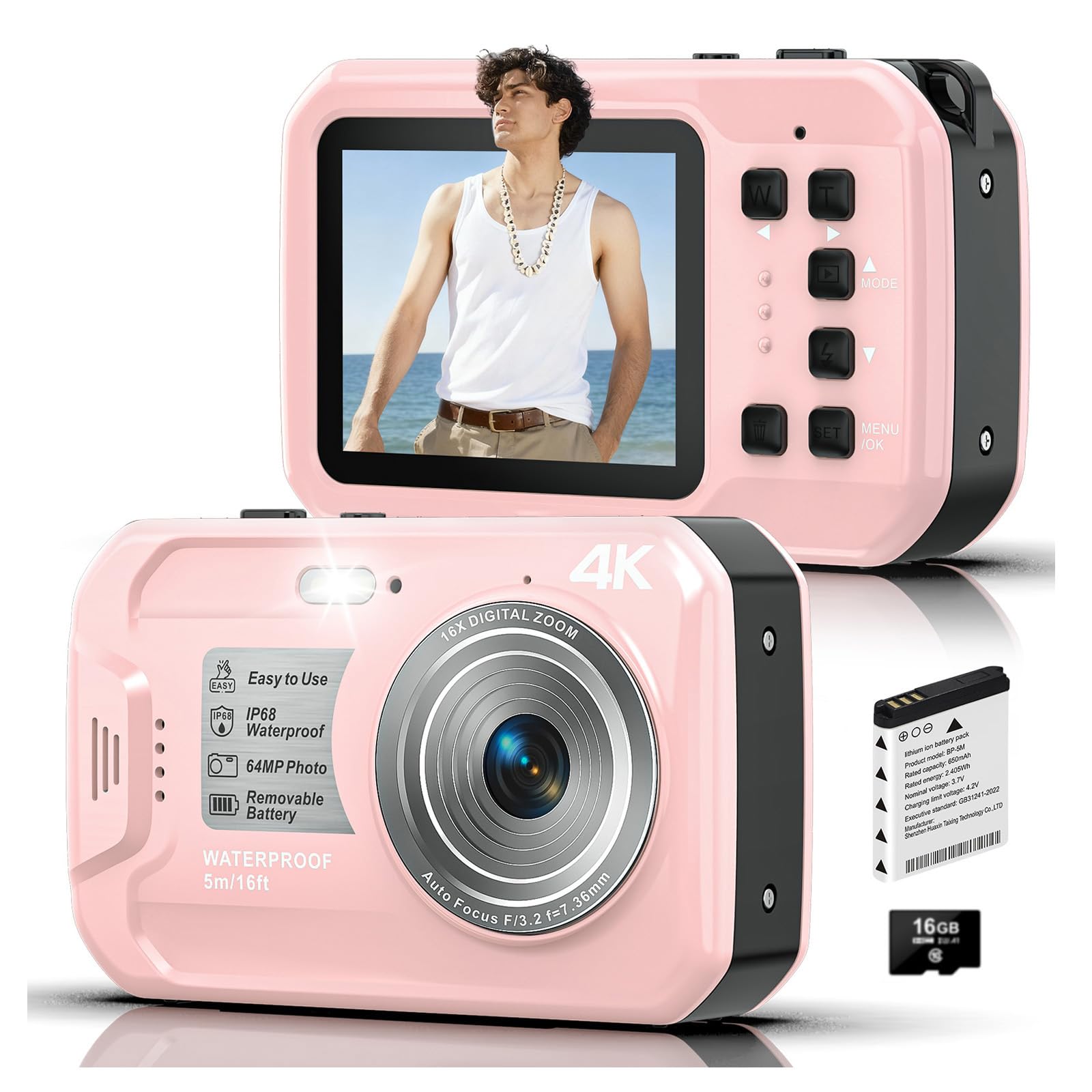 Appareil photo sous-marin 4K, 64 MP 4,8 m, étanche avec carte de 16 Go, autofocus flottant, écran HD IPS, zoom numérique 16x, lumière de remplissage, pour surf, plongée avec tuba, natation, rose