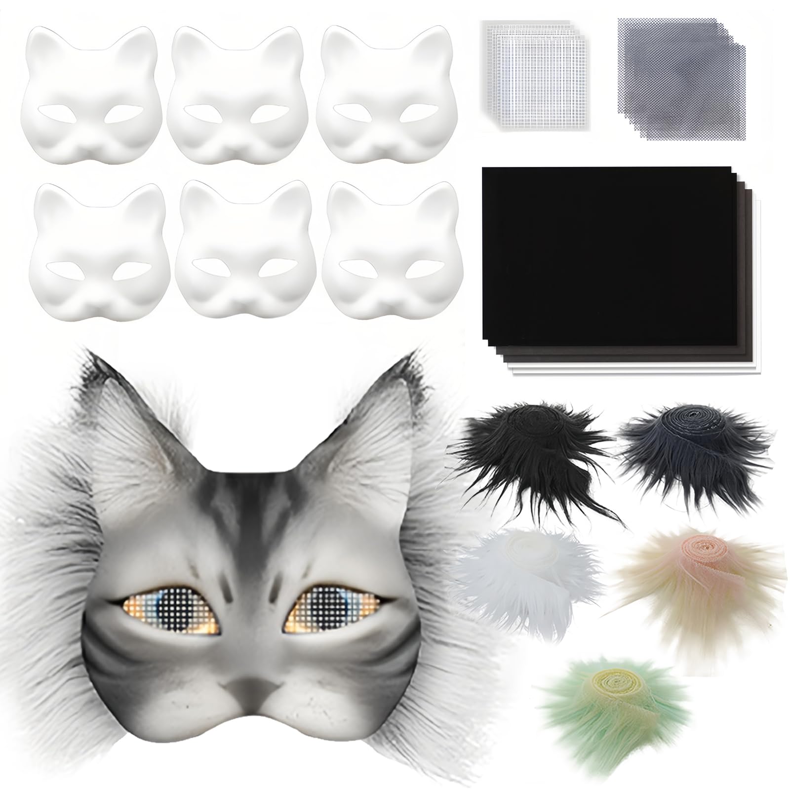 BYH 29pcs Cat Masks Material Kit, DIY Blank Paper Animal Mask Gear, Handmade Mask Making Material Package with Eye Mesh Fur Felt Fabric Sheet for Holiday Party Role Playing Dress Up