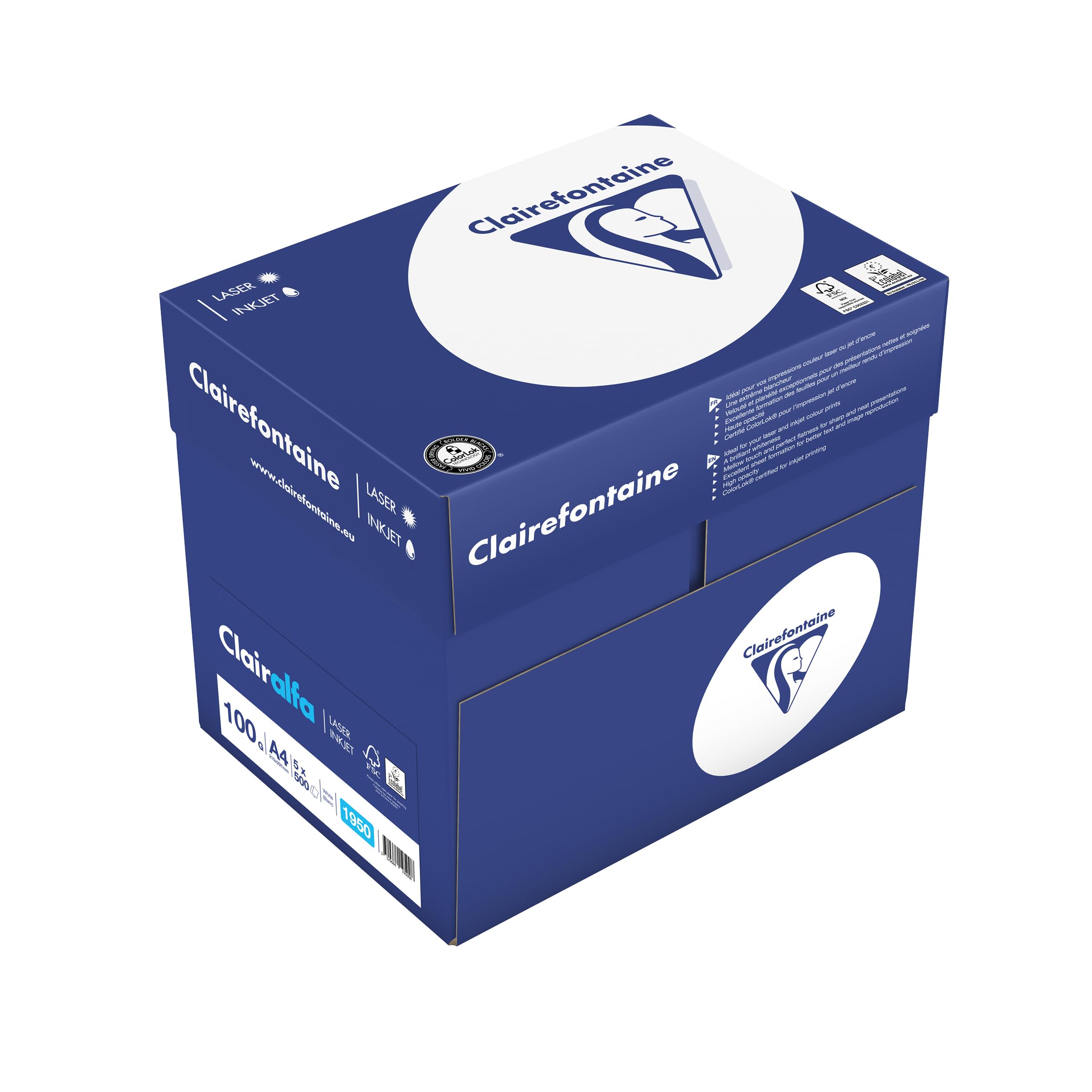 Clairefontaine 1950C - Karton z 4 papier do drukarek Ries Clairalfa, ekstra biały, DIN A4, 100 g, 500 arkuszy x 4, biały, 1 karton