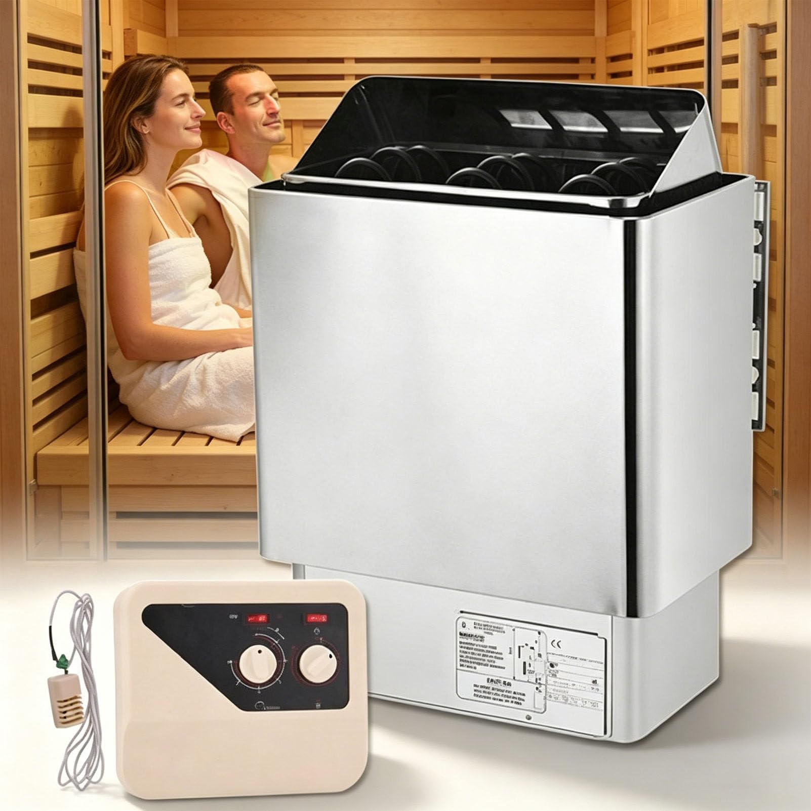 PioMue Stainless Steel Sauna Stove Heater with External Controller,Electric Sauna Heater, Dry Sauna Stove Home SPA Sauna Room Supports Body Detox 380V-6KW