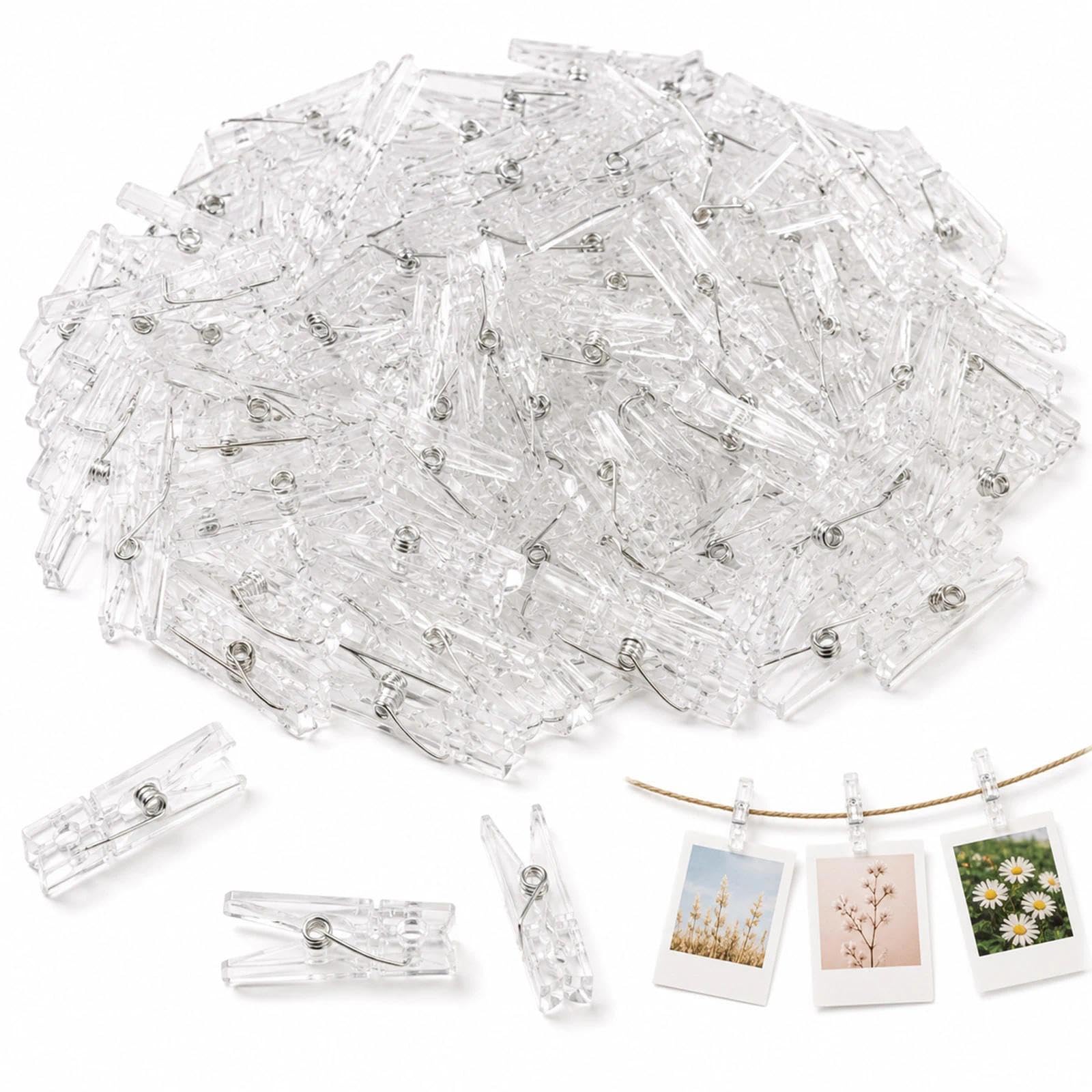 100Pcs Mini Clear Plastic Pegs, Transparent Tiny Photo Clips with Metal Springs, Multi-Purpose Small Clips for Arts & Crafts, Weddings, Parties, Photo Walls & Home Decoration