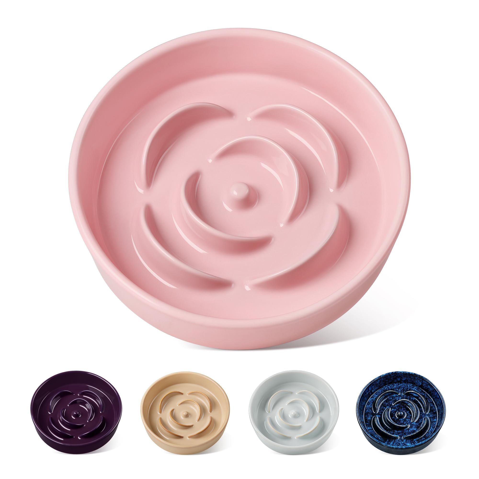 vancasso Flower Shaped Slow Feeder Dog Bowl 360ml Pet Bowl, Ceramic Puzzle Feeder for Small Dogs & Cats, Dishwasher & Microwave Safe, Ideal for Food and Water, Non-Slip & Tip-Proof; Pink; Small