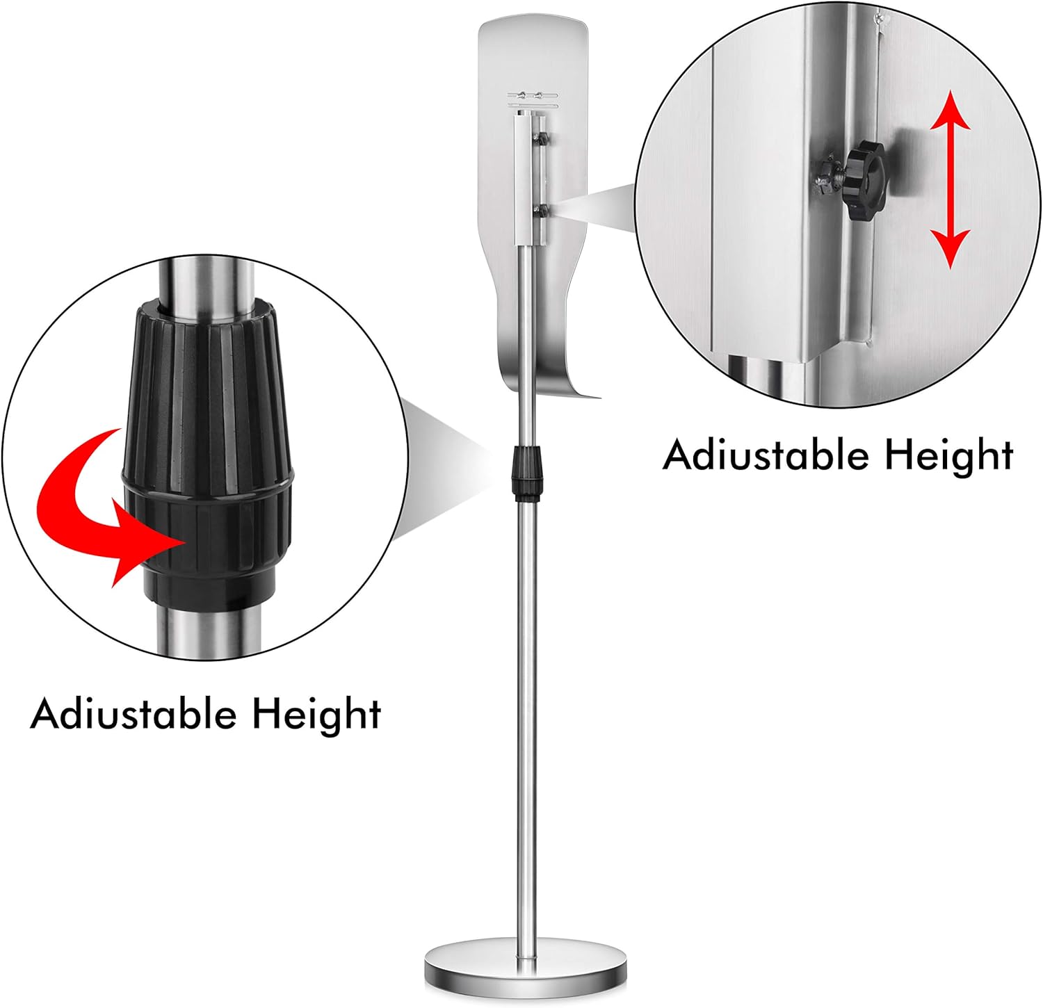 New Star Foodservice 1028881 Freestanding Adjustable Floor Stand for Hand Sanitizer Dispenser with Drip Tray and Weighted Base, Customizable, Stainless Steel, Round Base