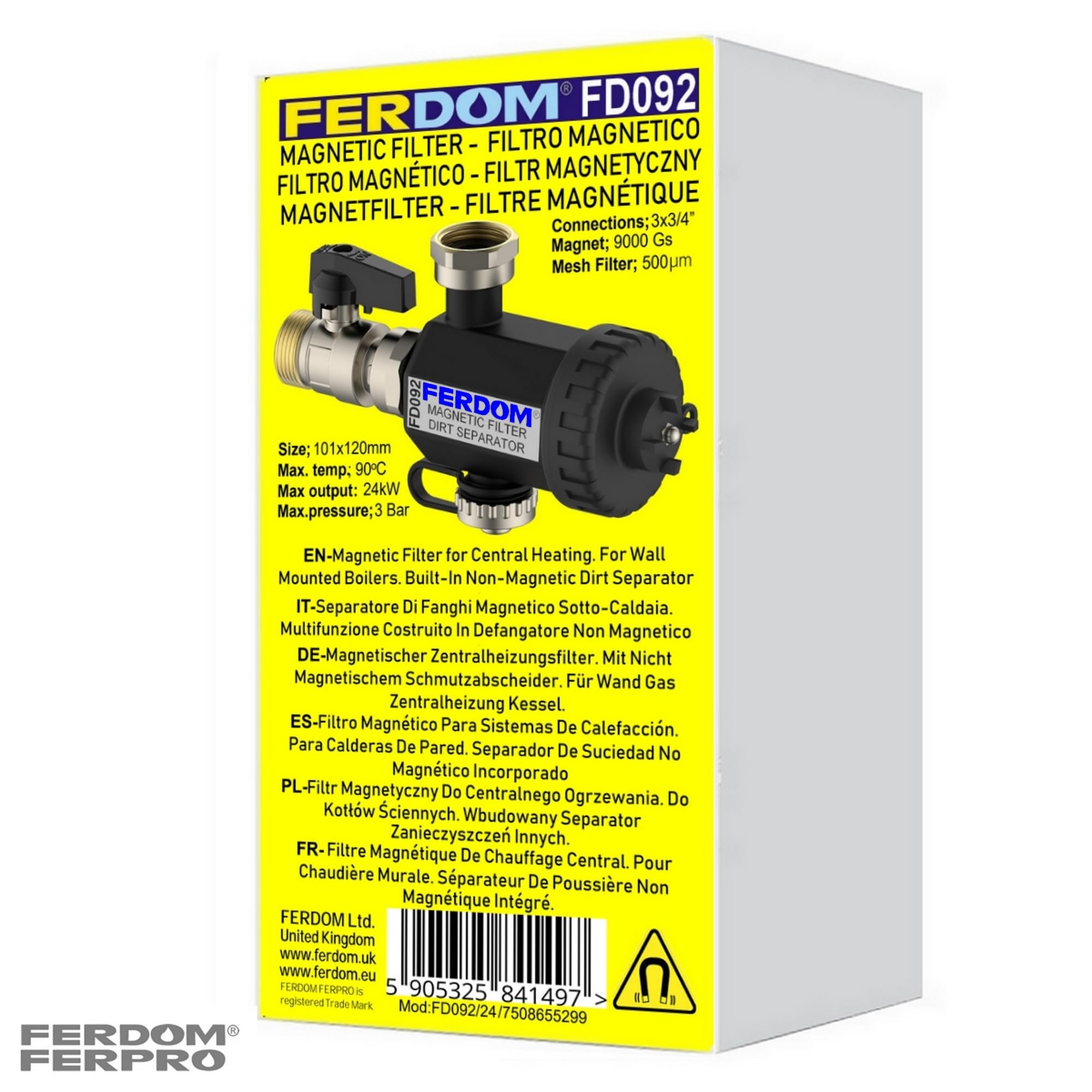 FERDOM FD092 SMART 3/4" Filtro Magnetico Per Sistemi Di Riscaldamento e Solari. Magnete al Neodimio 9000 Gs. Con Separatore di Sporcizia Non Magnetiche, Maglia 500 Mic. Per Caldaie Murali Max.24 kW