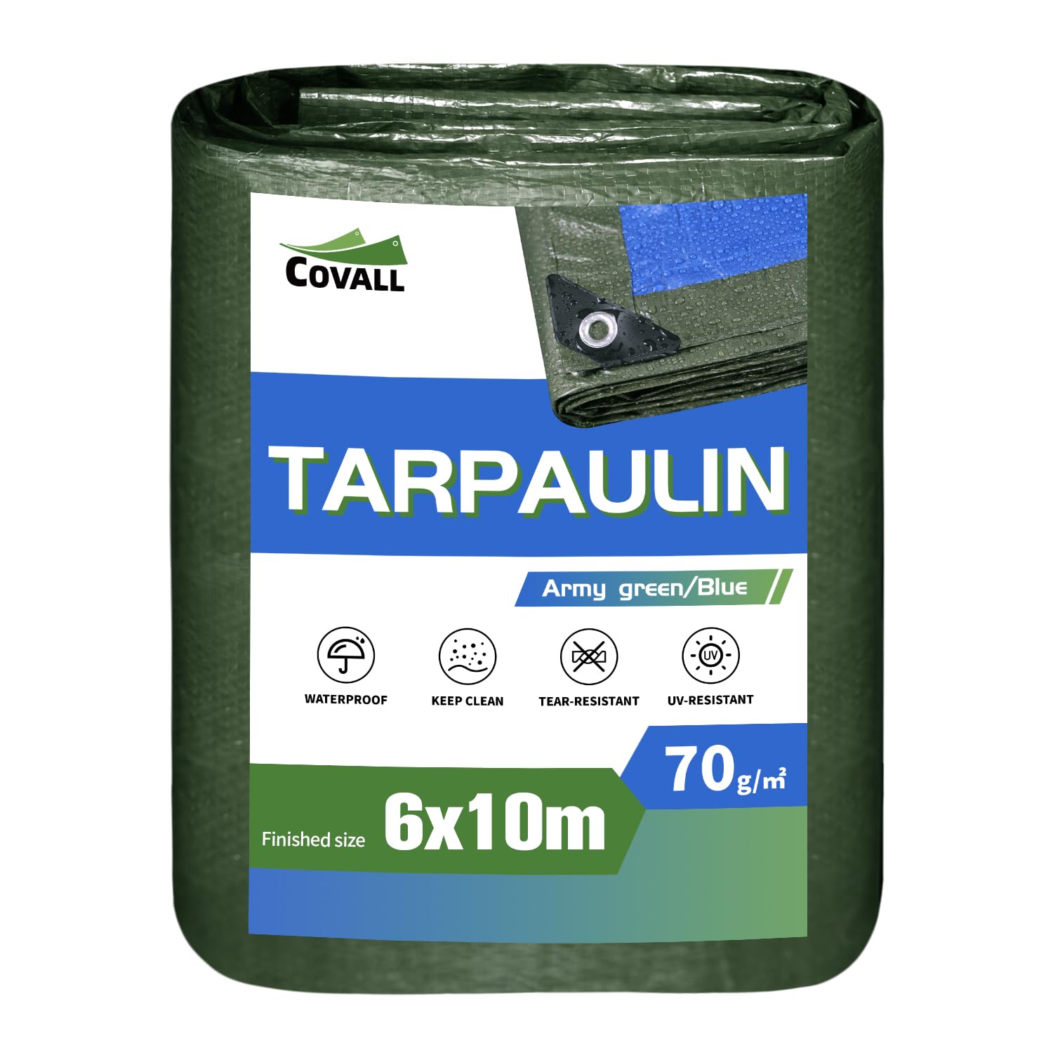 COVALL waterproof tarpaulin 6mx10m, 70g/m² UV resistant outdoor sunshade tarp, ripstop green fabric large tarpaulins sheet,house rain cover,camping tent with eyelets,motorcycle,boat,wood pool cover — image 1