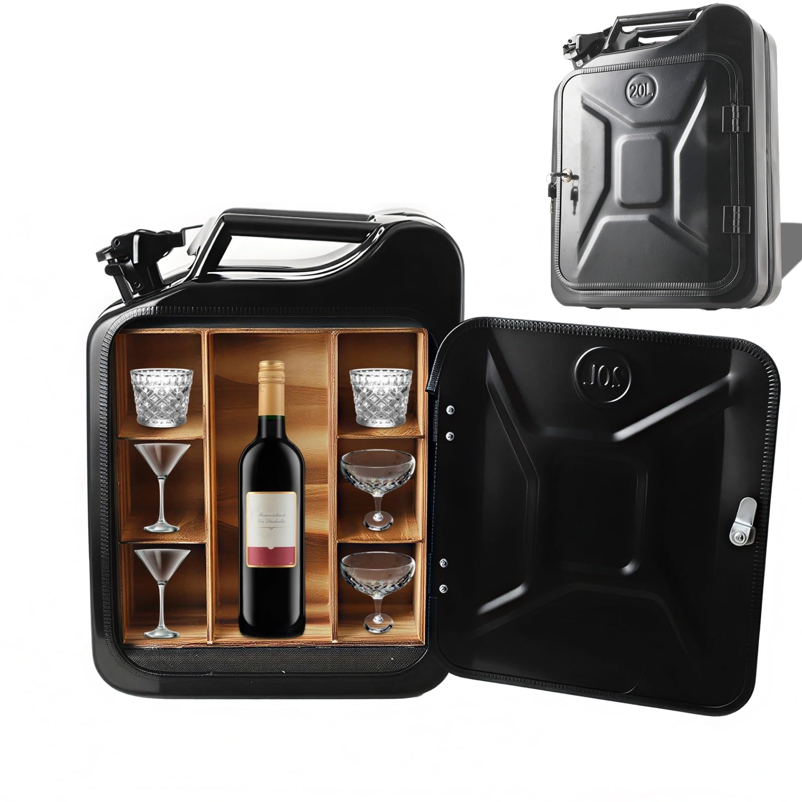 20L Kanister Mini Bar, Schwarzer Whiskey Bar Schrank Jerry Can Mobile Bar, Geburtstagsgeschenk für Männer personalisierte Geschenke für Männer, Abschließbarer Minibar, 34x16x46 cm