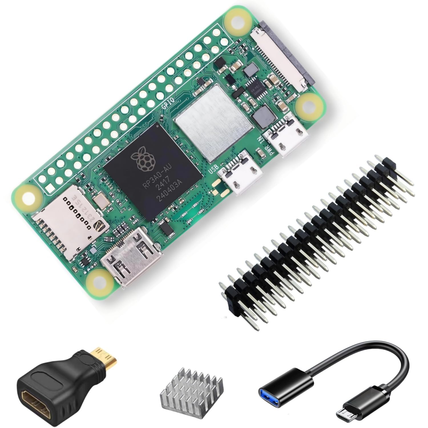 RasTech Raspberry Pi Zero 2W Kit con Pin Header, Dissipatore di Calore in Alluminio, Cavo Micro USB OTG, Mini Adattatore HDMI-HDMI (con CPU Quad-Core, Bluetooth 4.2, BLE, Antenna integrata ecc.)